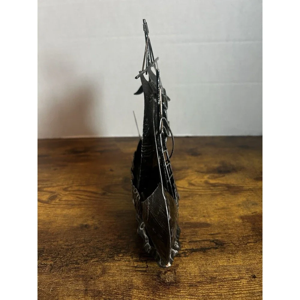 Vintage Black Metal Viking Ship Sculpture Nordic Dragon Boat Home Decor 9.5 Inch